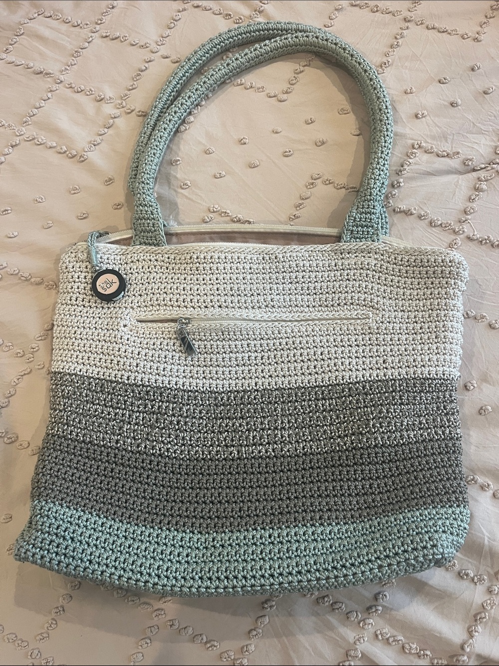 The Sak Crocheted Stripe Tote in Seafoam, Gray & Cream